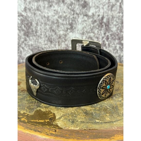 Leather Belt Silver womens M 34"L Black Buckle Bull Conchos Turquoise Western - Picture 3 of 14